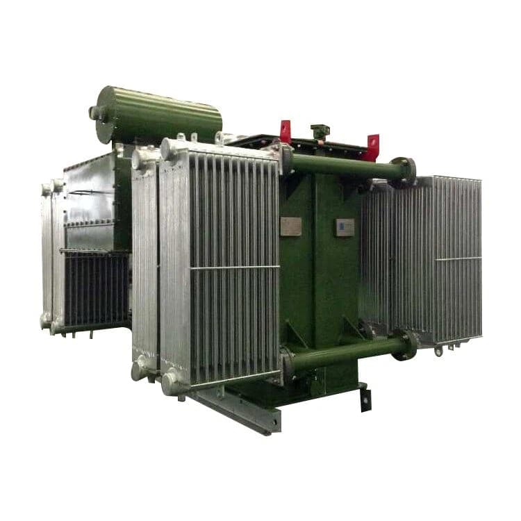 Oil-filled three-phase power transformer with cooling fins