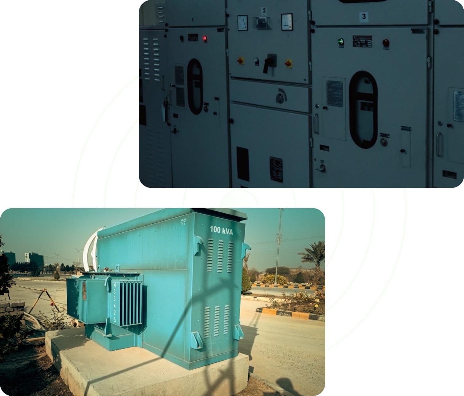 Electrical switchgear cabinets and an outdoor transformer